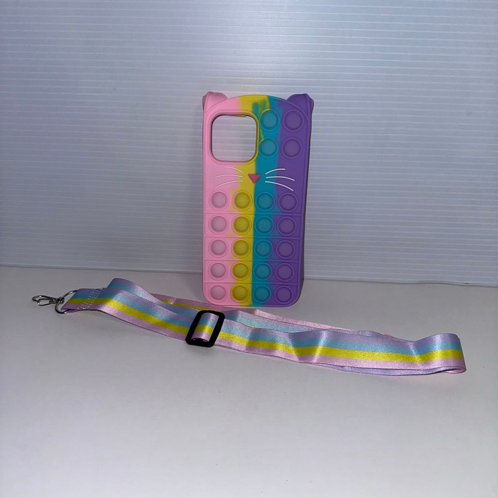 New in Packaging Pop It Cat iPhone 13 Pro Max Case Pink Purple With Lanyard